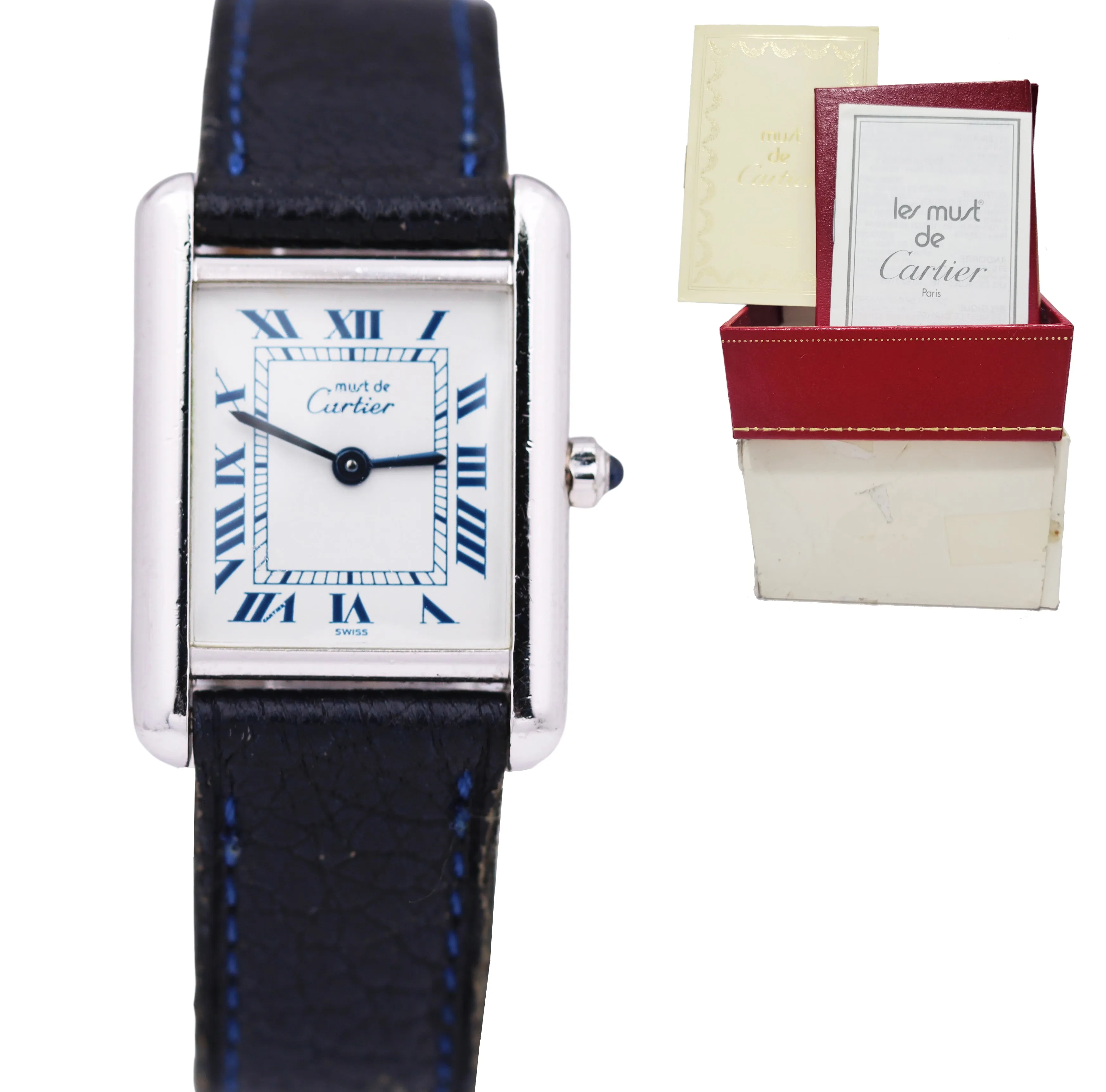 Must de Cartier Tank 666001 Silver Quartz Blue White Roman 29.5mm x 22mm Watch