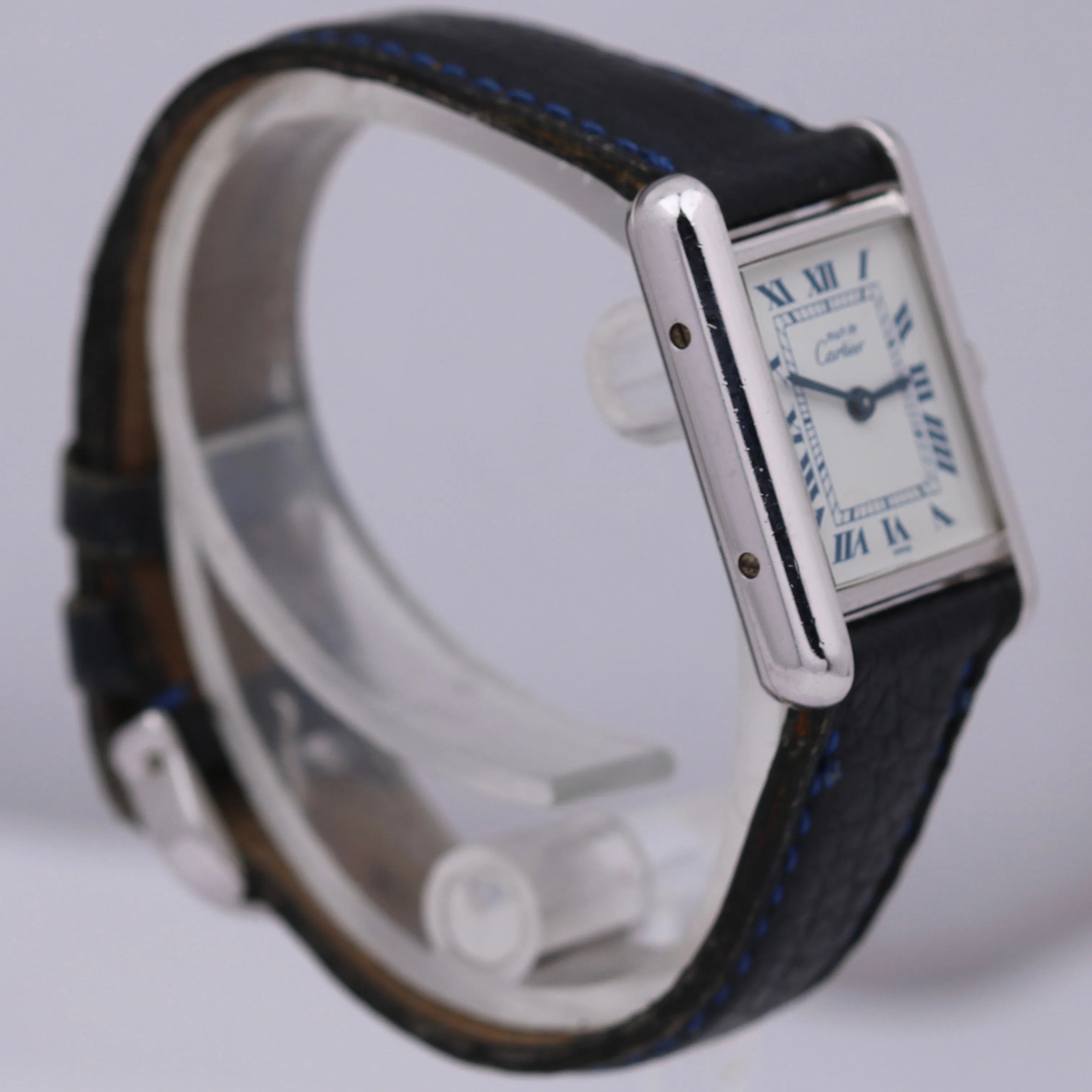 Must de Cartier Tank 666001 Silver Quartz Blue White Roman 29.5mm x 22mm Watch