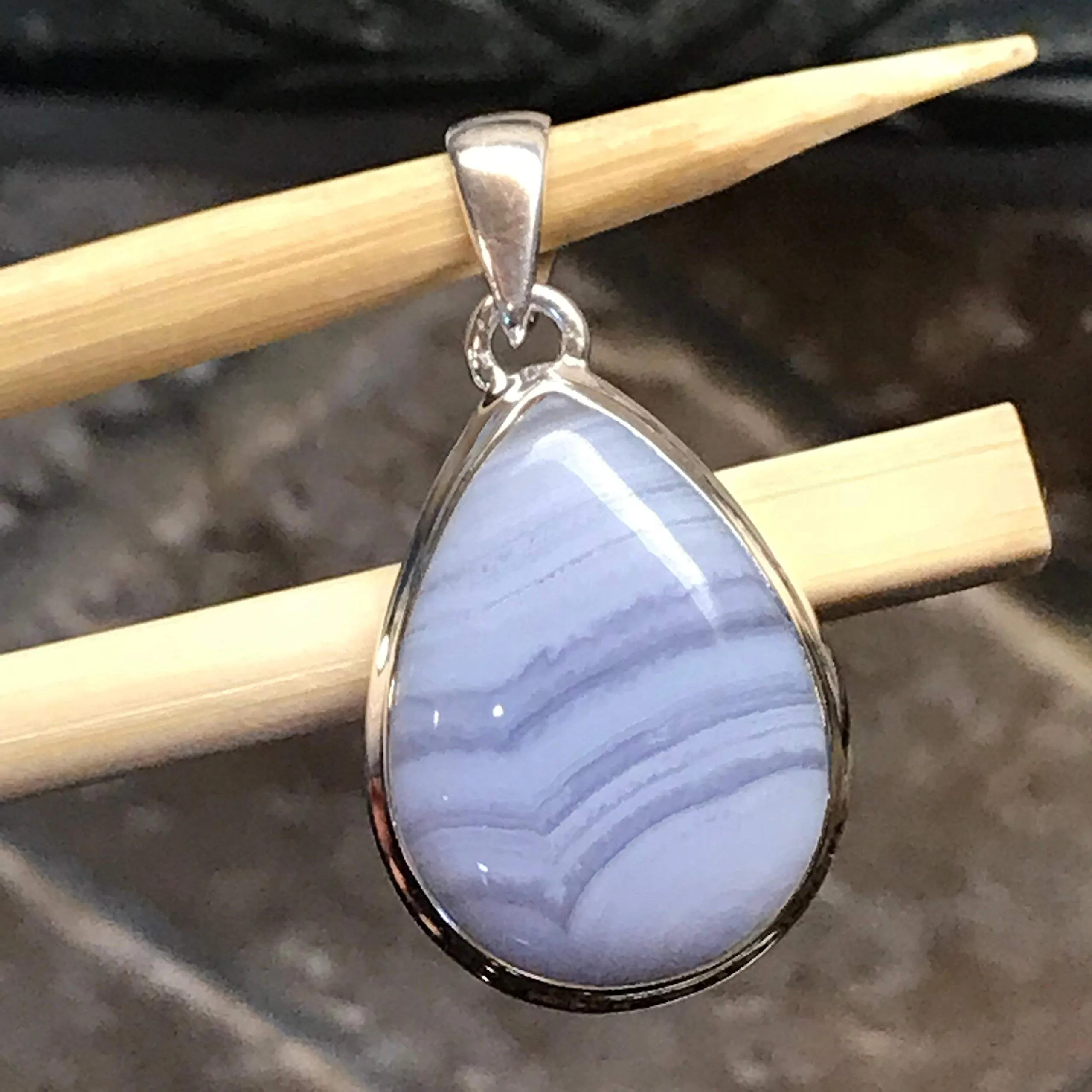 Natural Blue Lace Agate 925 Sterling Silver Pendant 35mm