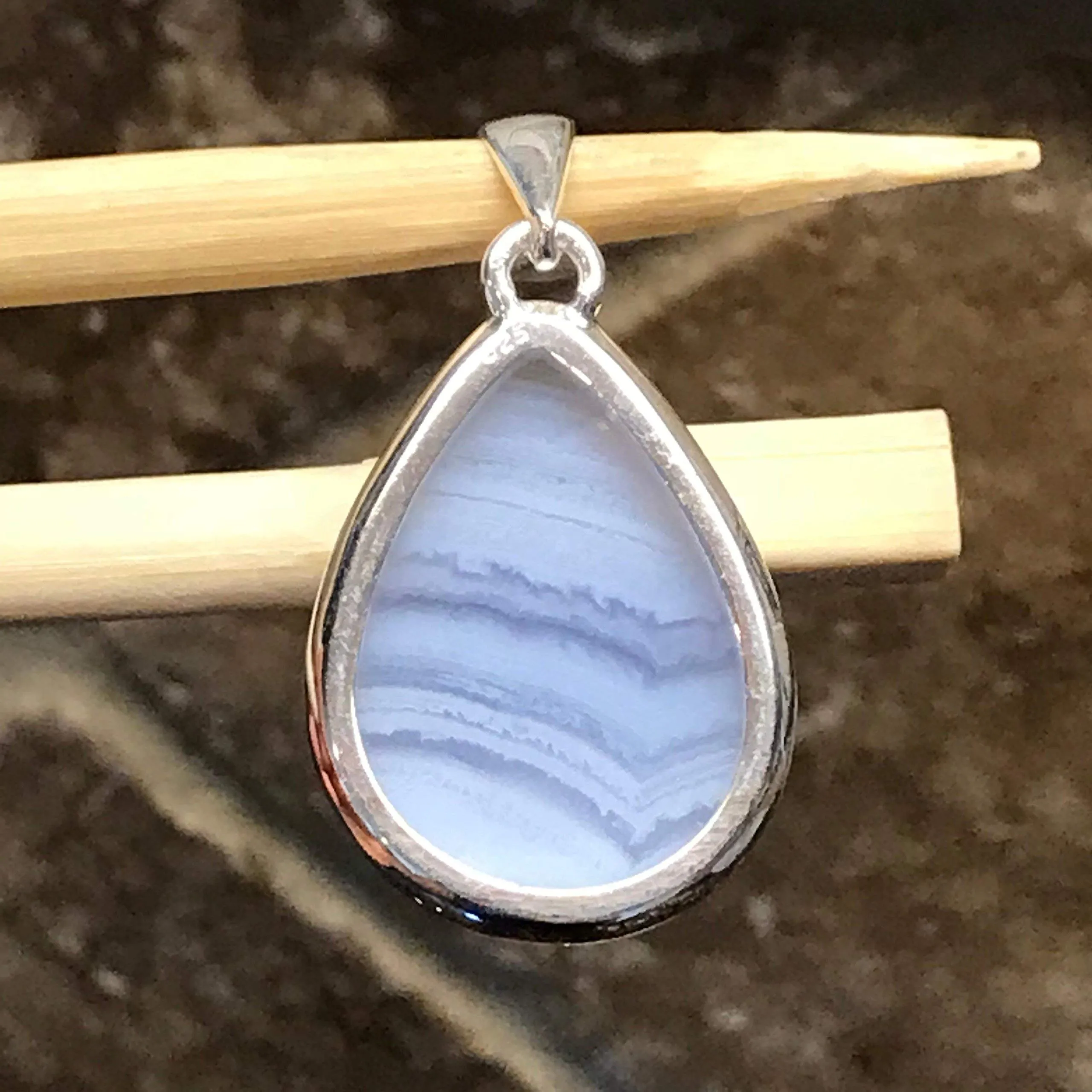 Natural Blue Lace Agate 925 Sterling Silver Pendant 35mm
