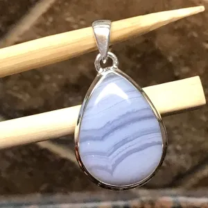 Natural Blue Lace Agate 925 Sterling Silver Pendant 35mm