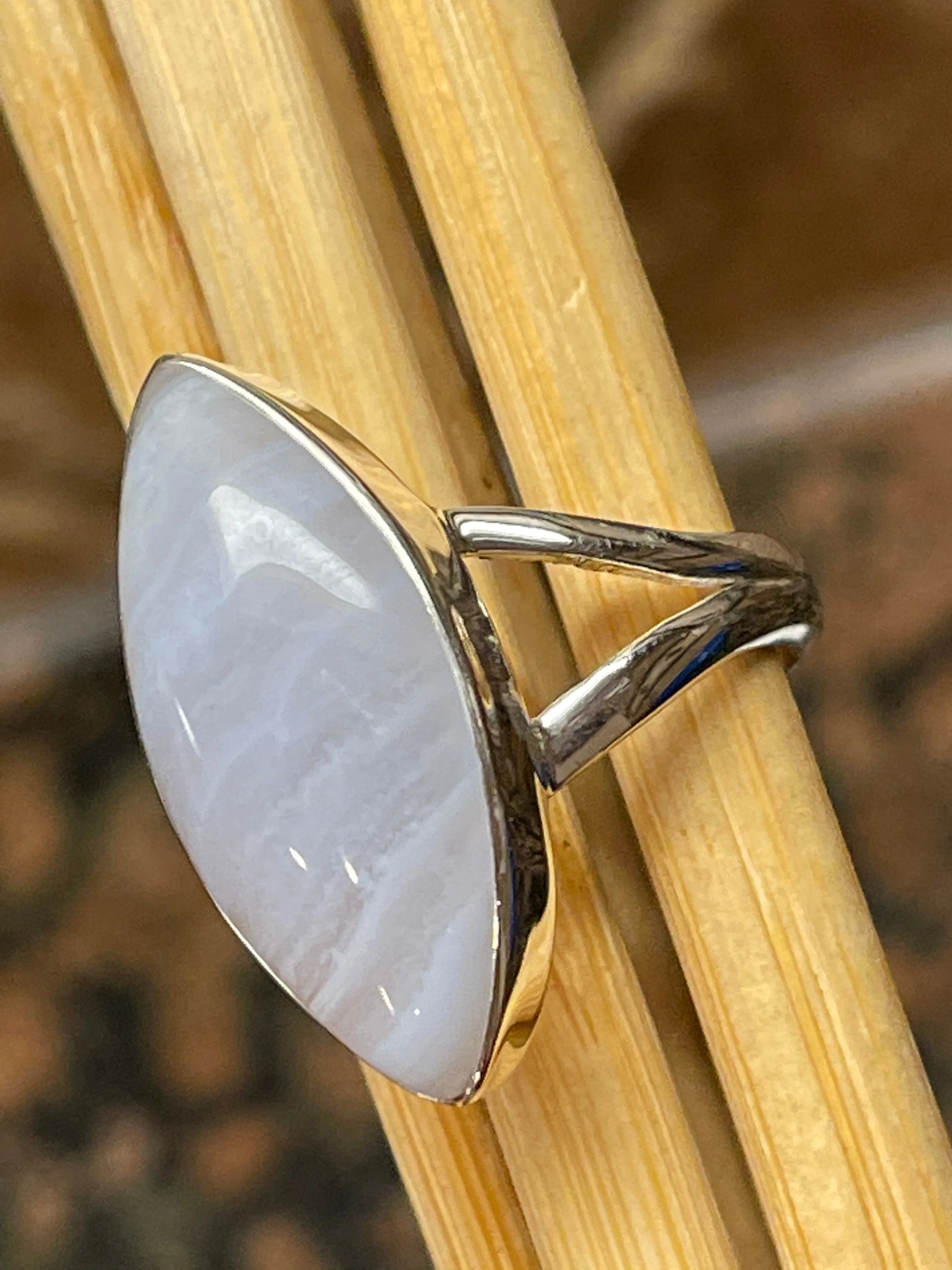 Natural Blue Lace Agate 925 Sterling Silver Ring Size 7.5