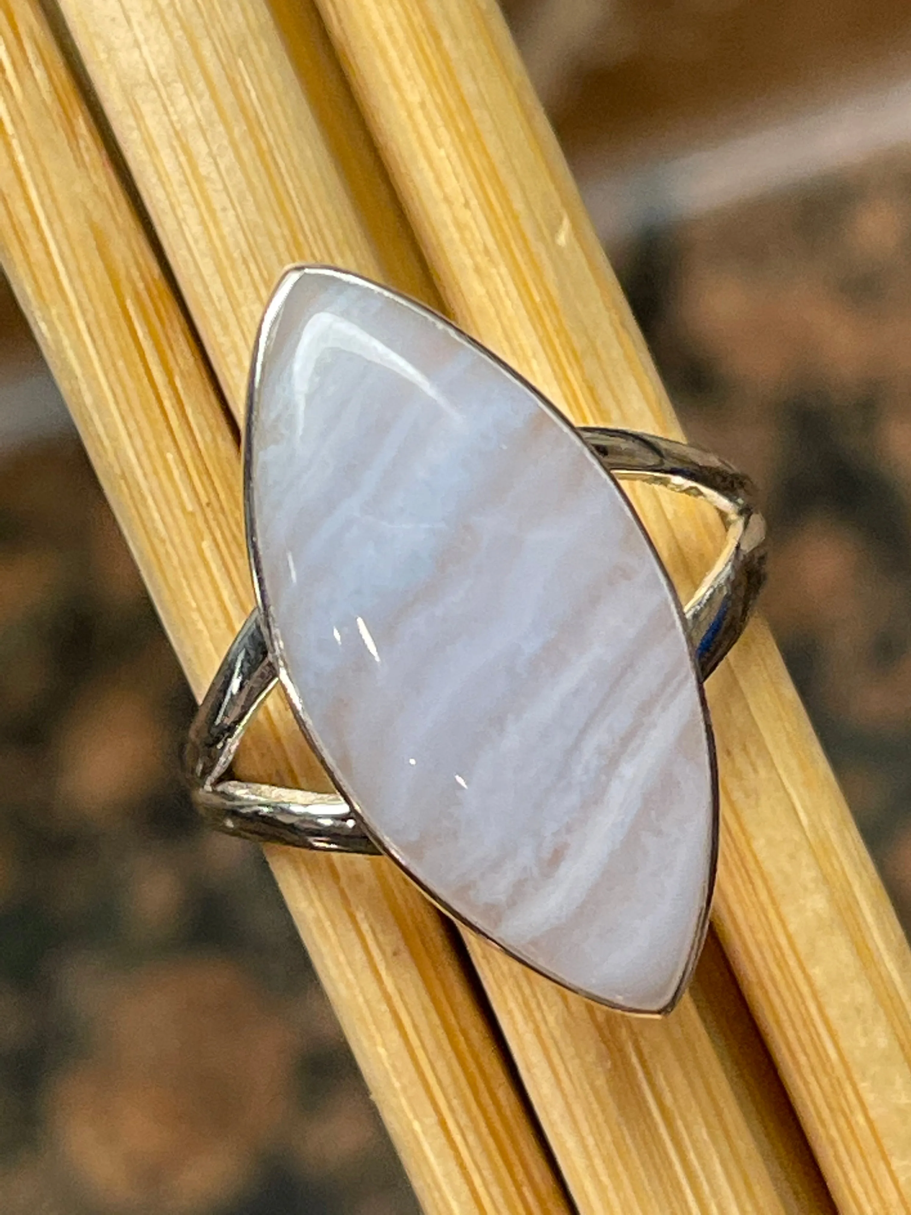 Natural Blue Lace Agate 925 Sterling Silver Ring Size 7.5