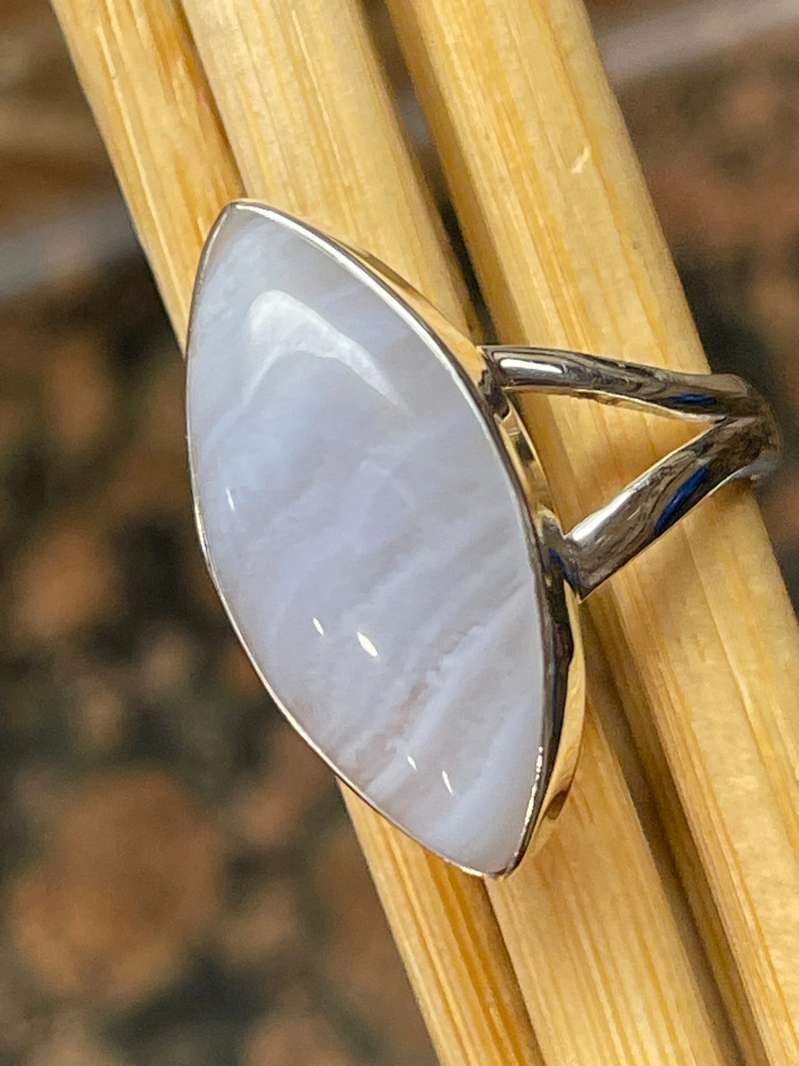 Natural Blue Lace Agate 925 Sterling Silver Ring Size 7.5