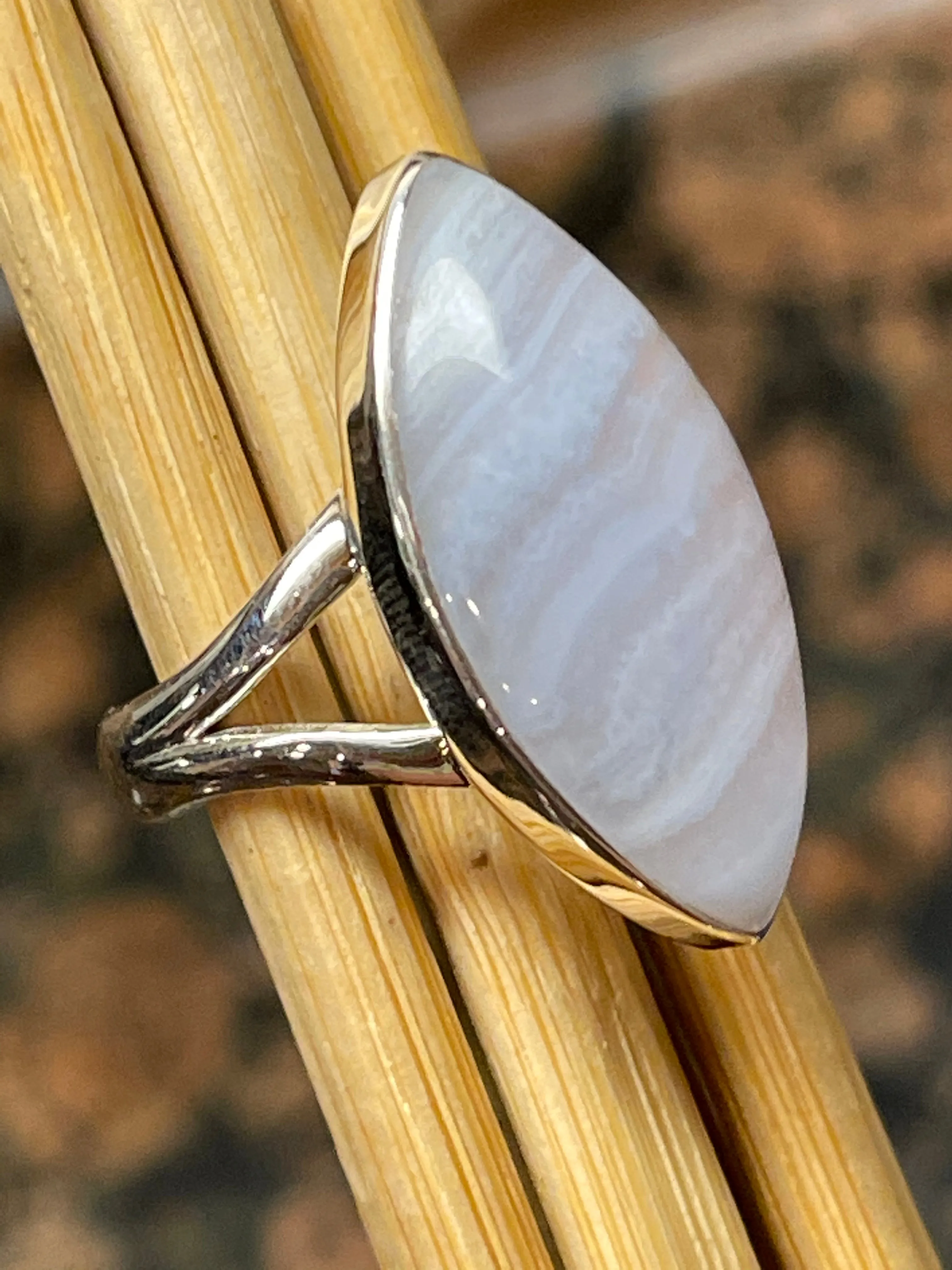 Natural Blue Lace Agate 925 Sterling Silver Ring Size 7.5