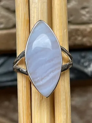 Natural Blue Lace Agate 925 Sterling Silver Ring Size 7.5