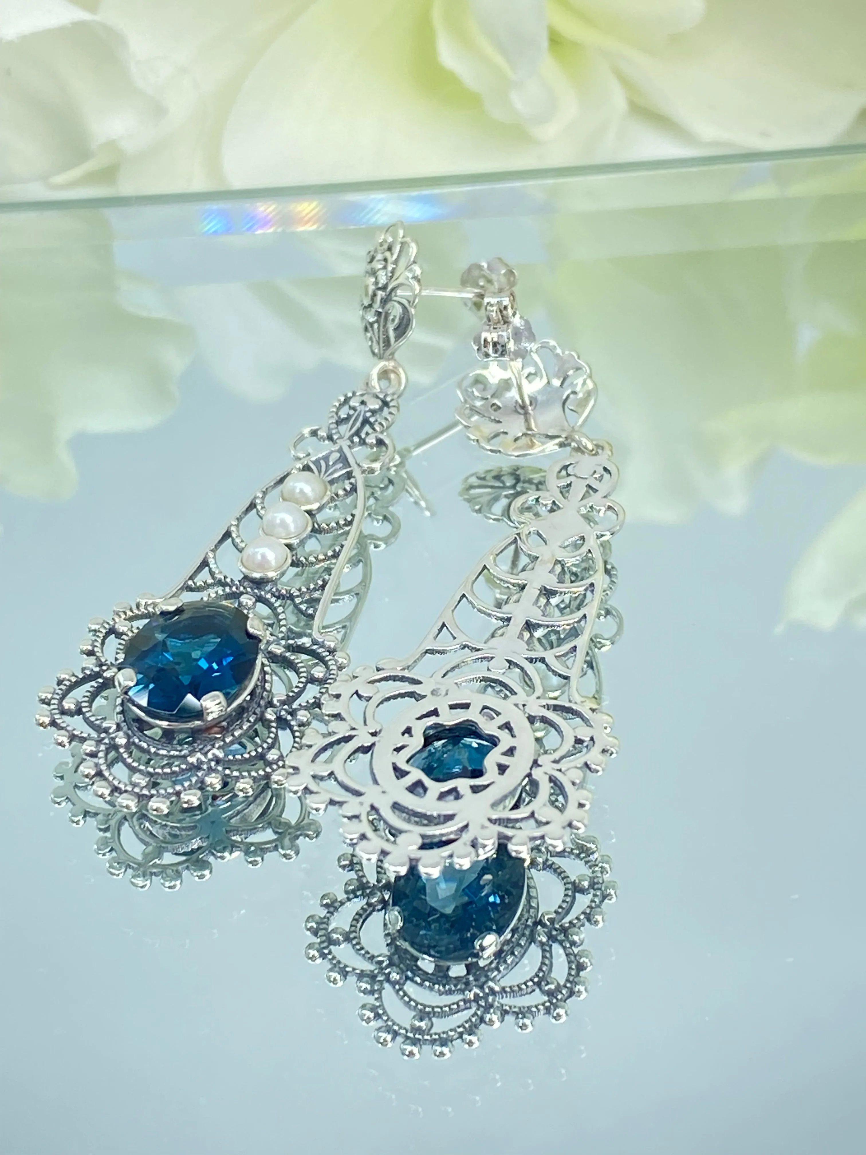 Natural London Blue Earrings, Long Fancy Lavalier Sterling Silver Filigree, Pearl accents, Vintage Jewelry #E17