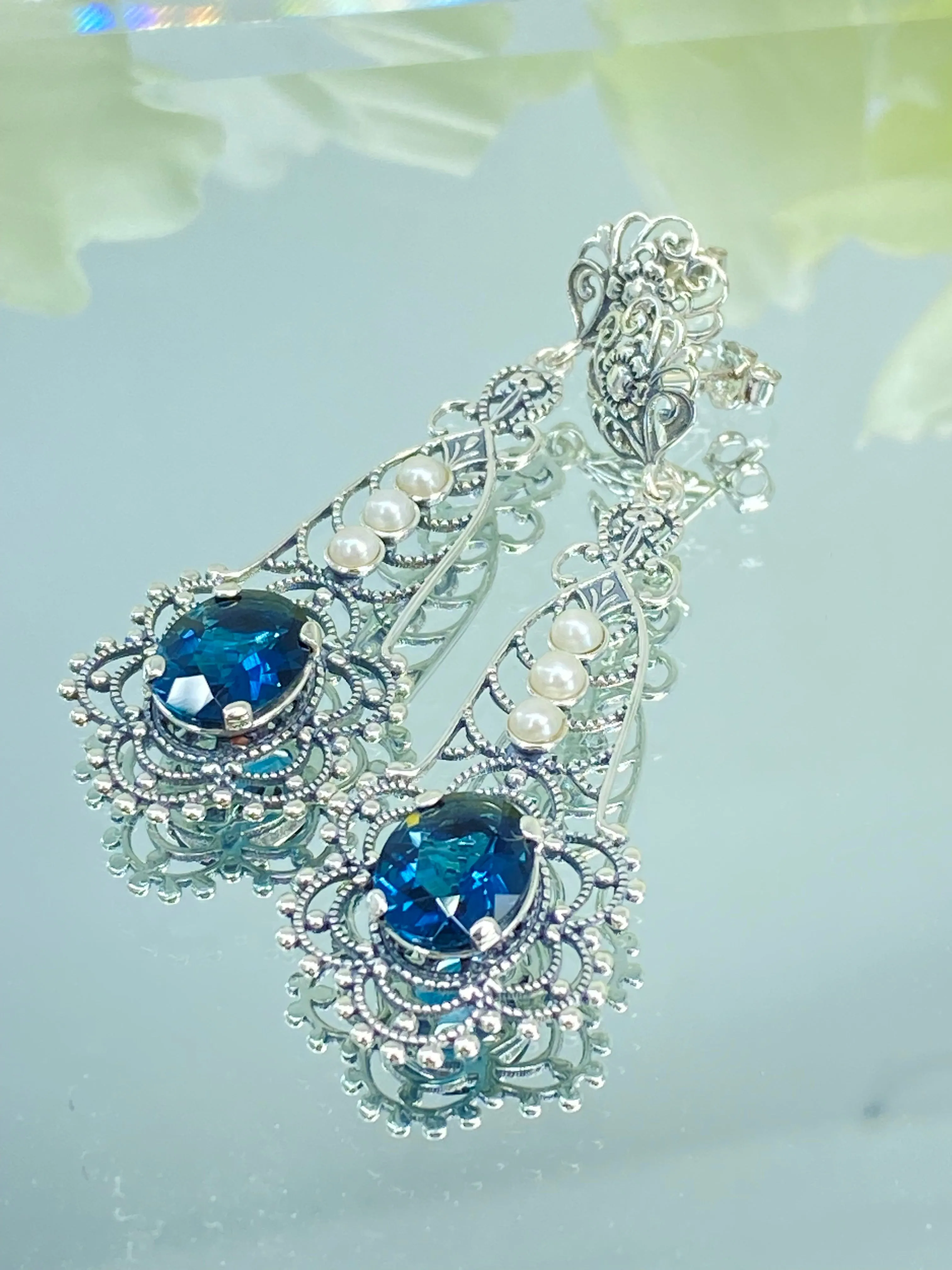 Natural London Blue Earrings, Long Fancy Lavalier Sterling Silver Filigree, Pearl accents, Vintage Jewelry #E17