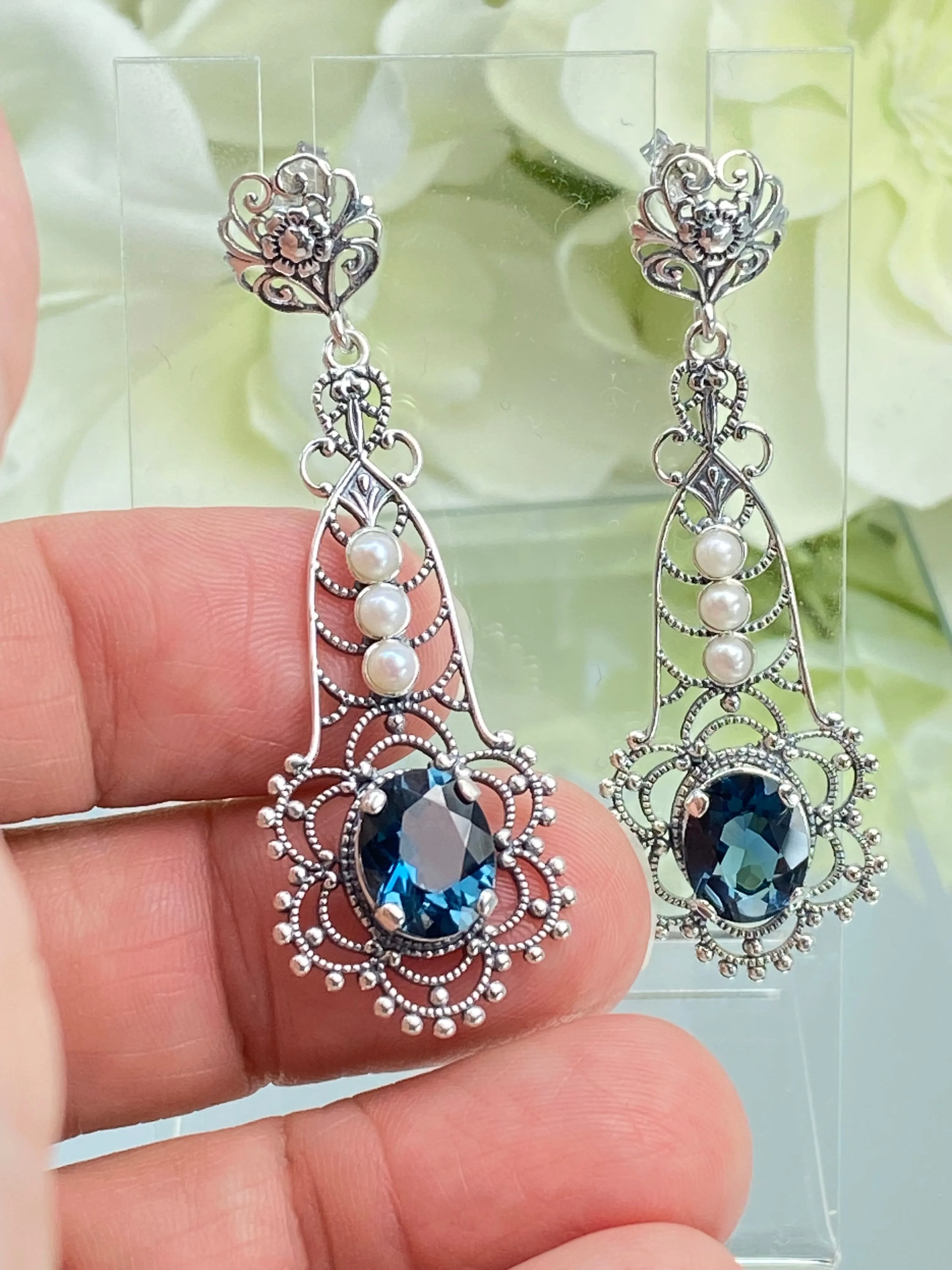 Natural London Blue Earrings, Long Fancy Lavalier Sterling Silver Filigree, Pearl accents, Vintage Jewelry #E17