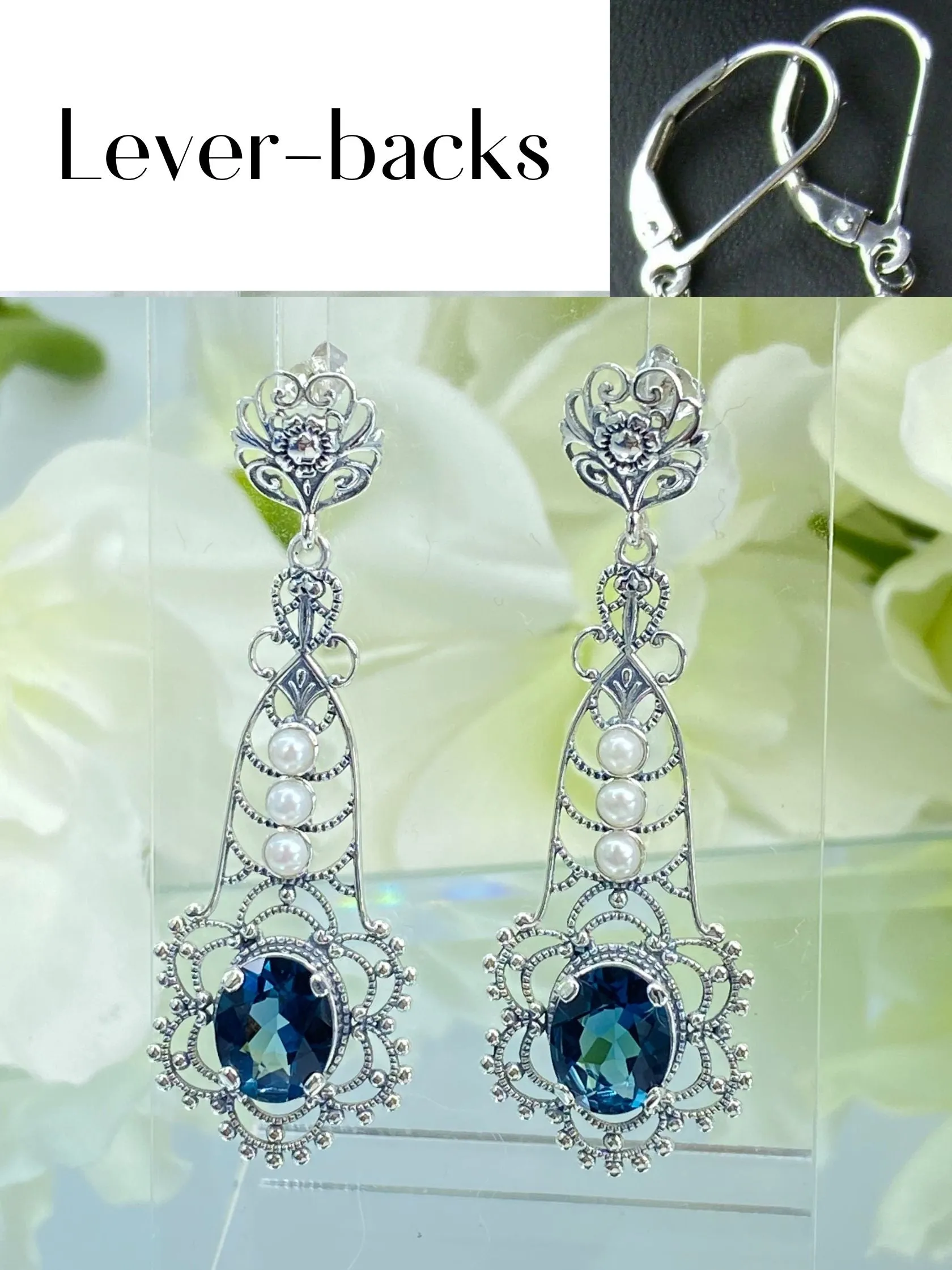 Natural London Blue Earrings, Long Fancy Lavalier Sterling Silver Filigree, Pearl accents, Vintage Jewelry #E17
