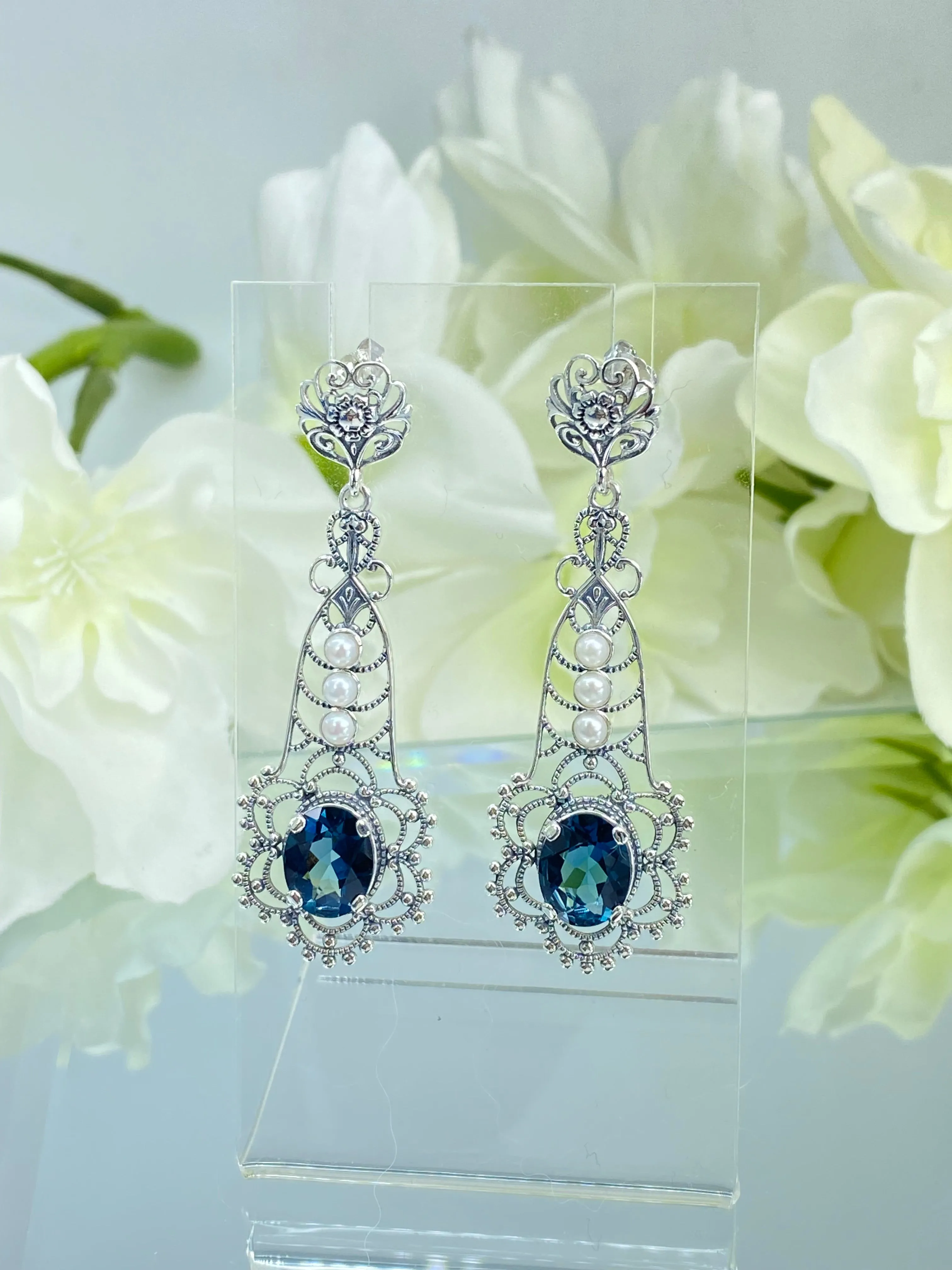 Natural London Blue Earrings, Long Fancy Lavalier Sterling Silver Filigree, Pearl accents, Vintage Jewelry #E17