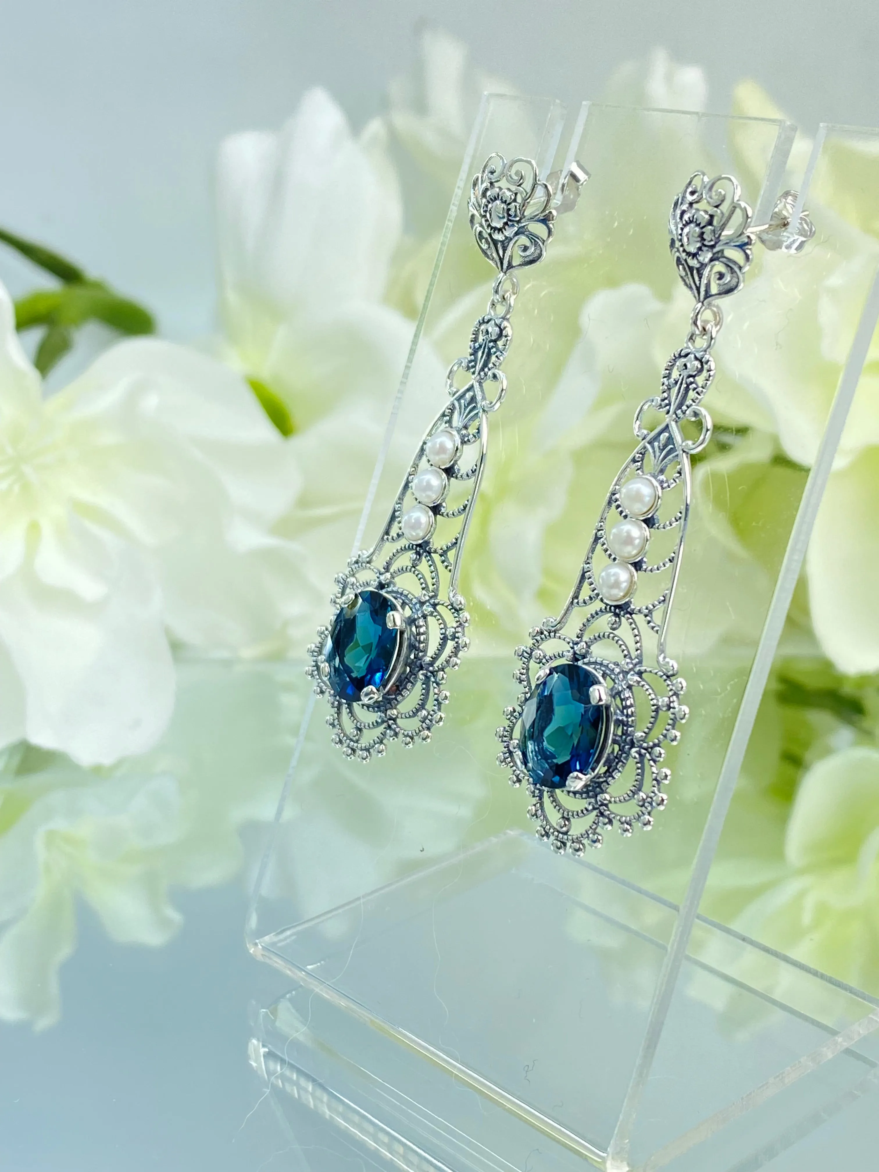 Natural London Blue Earrings, Long Fancy Lavalier Sterling Silver Filigree, Pearl accents, Vintage Jewelry #E17