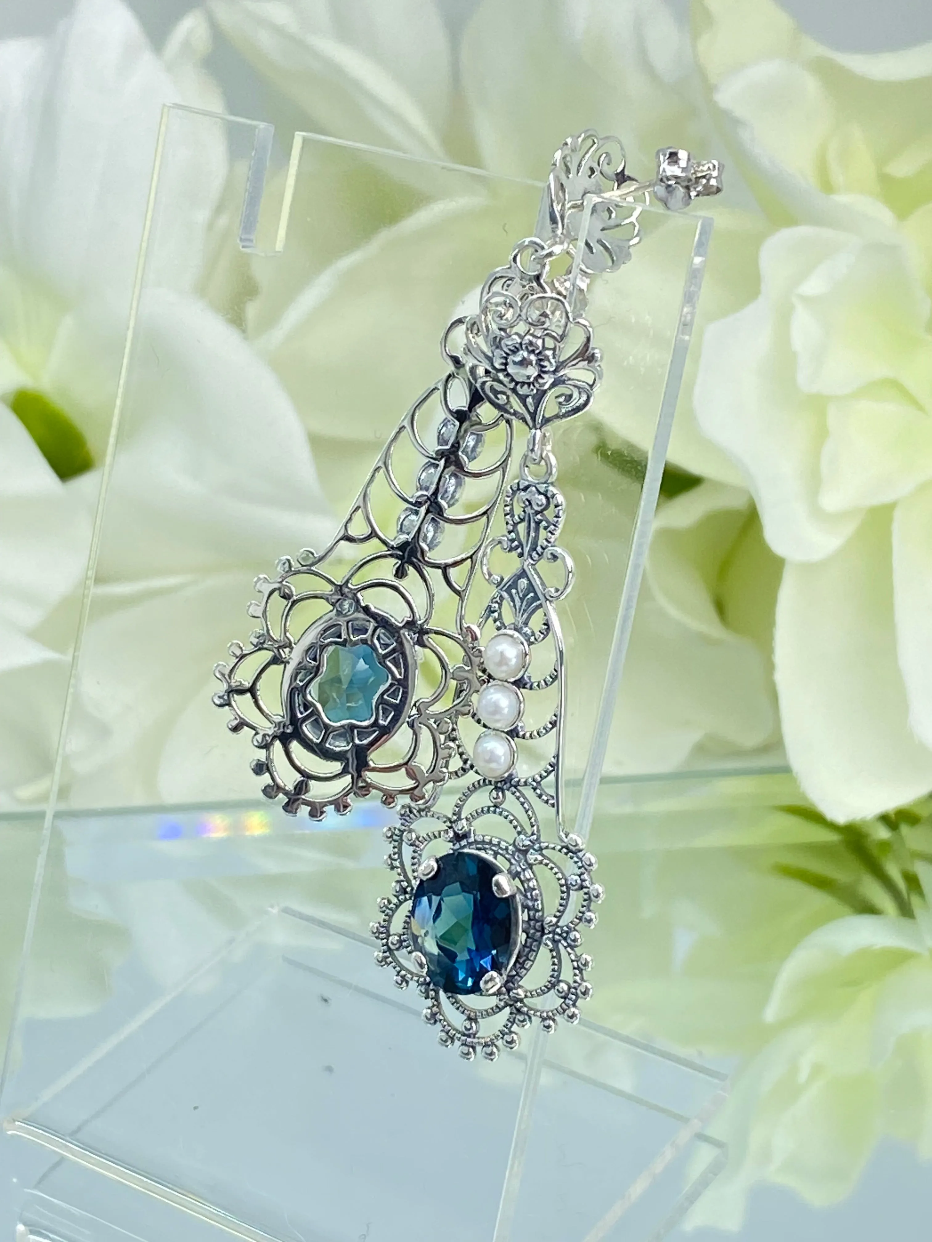 Natural London Blue Earrings, Long Fancy Lavalier Sterling Silver Filigree, Pearl accents, Vintage Jewelry #E17