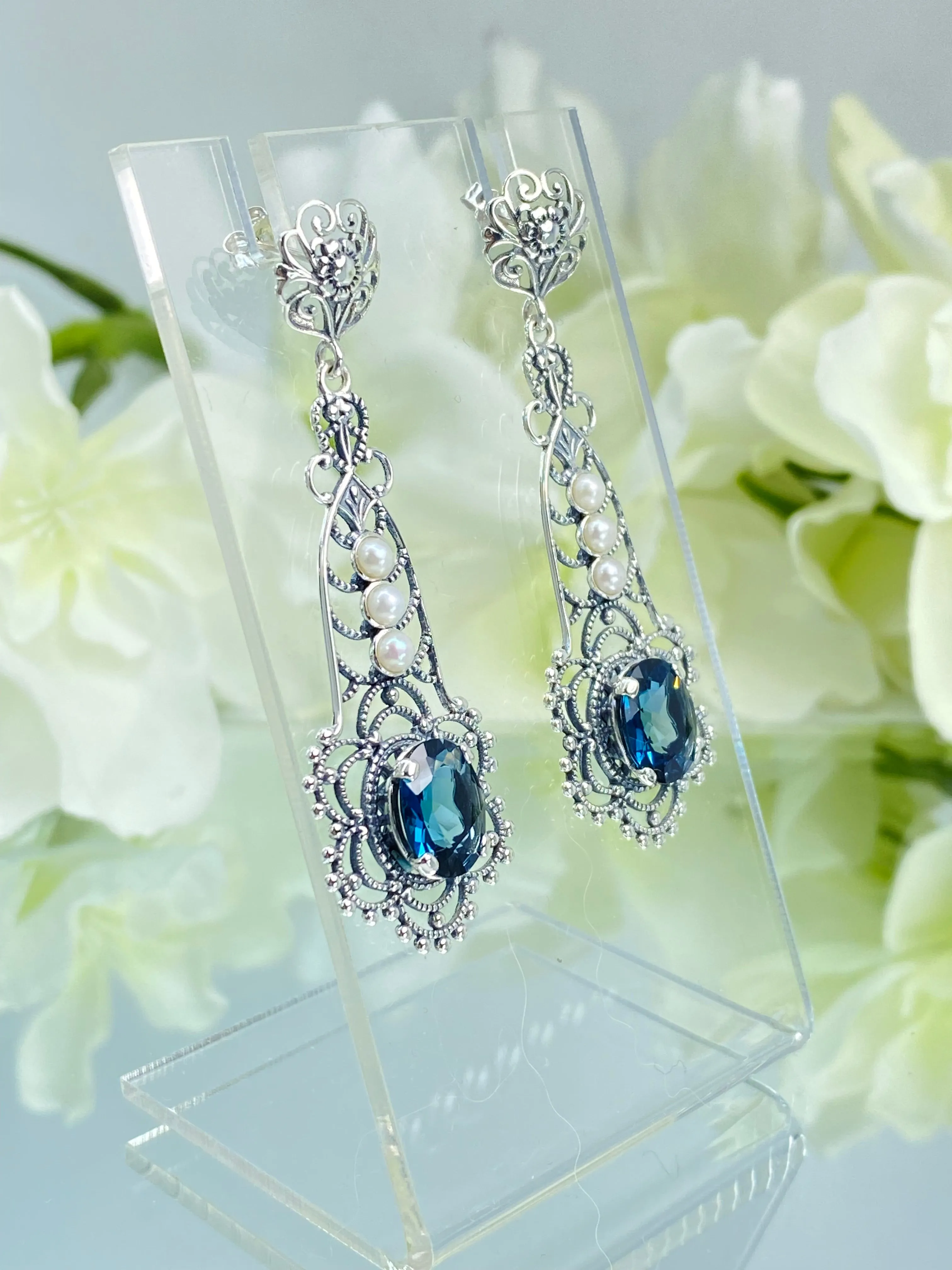Natural London Blue Earrings, Long Fancy Lavalier Sterling Silver Filigree, Pearl accents, Vintage Jewelry #E17