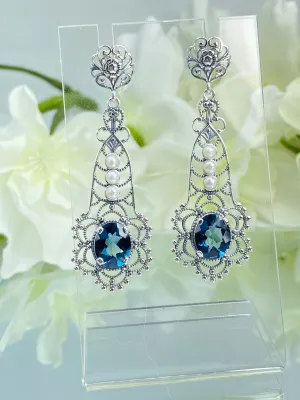 Natural London Blue Earrings, Long Fancy Lavalier Sterling Silver Filigree, Pearl accents, Vintage Jewelry #E17