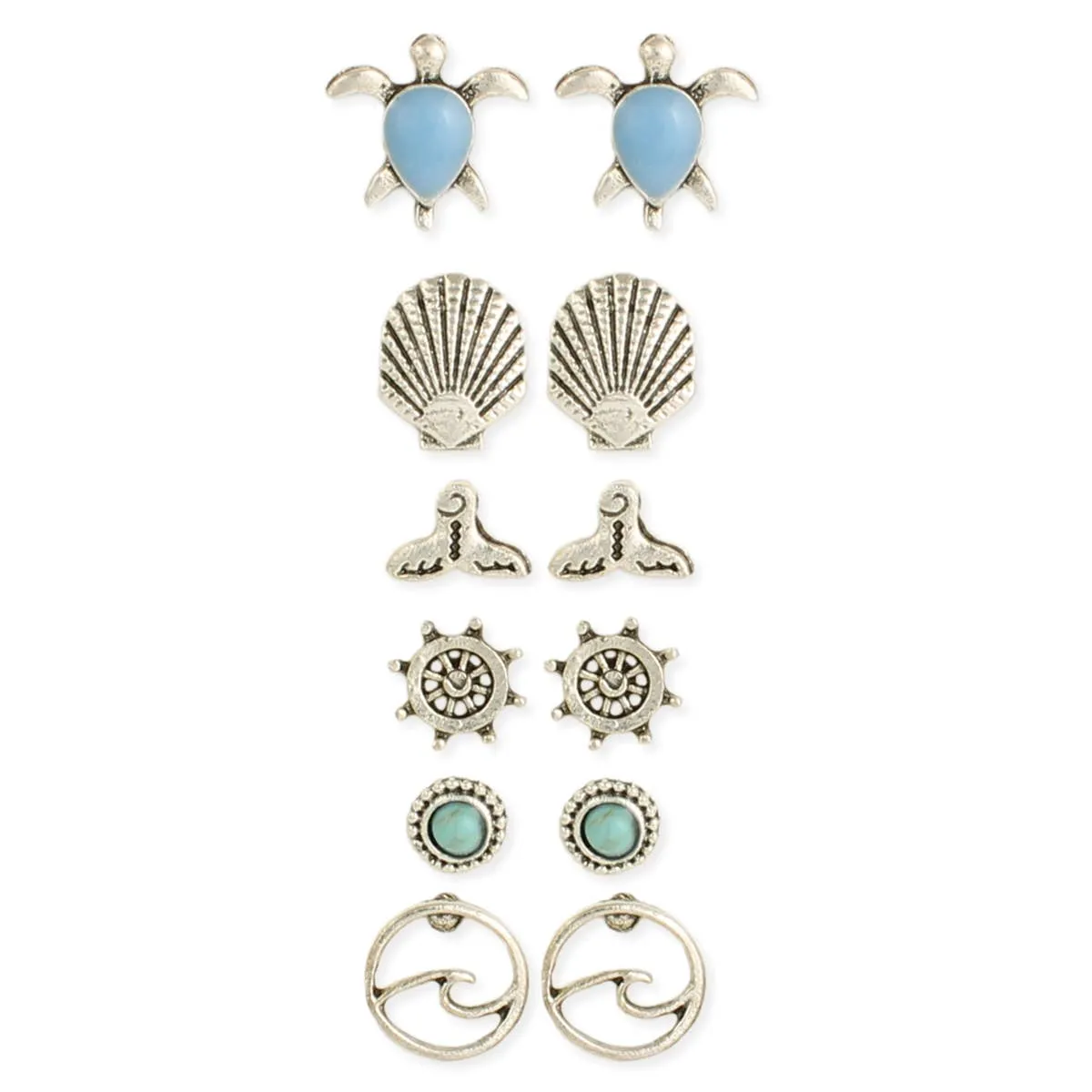 Nautical Icons Ocean Theme Silver Post Earrings - Set of 6