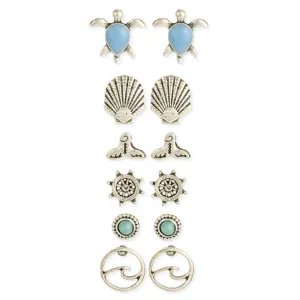 Nautical Icons Ocean Theme Silver Post Earrings - Set of 6