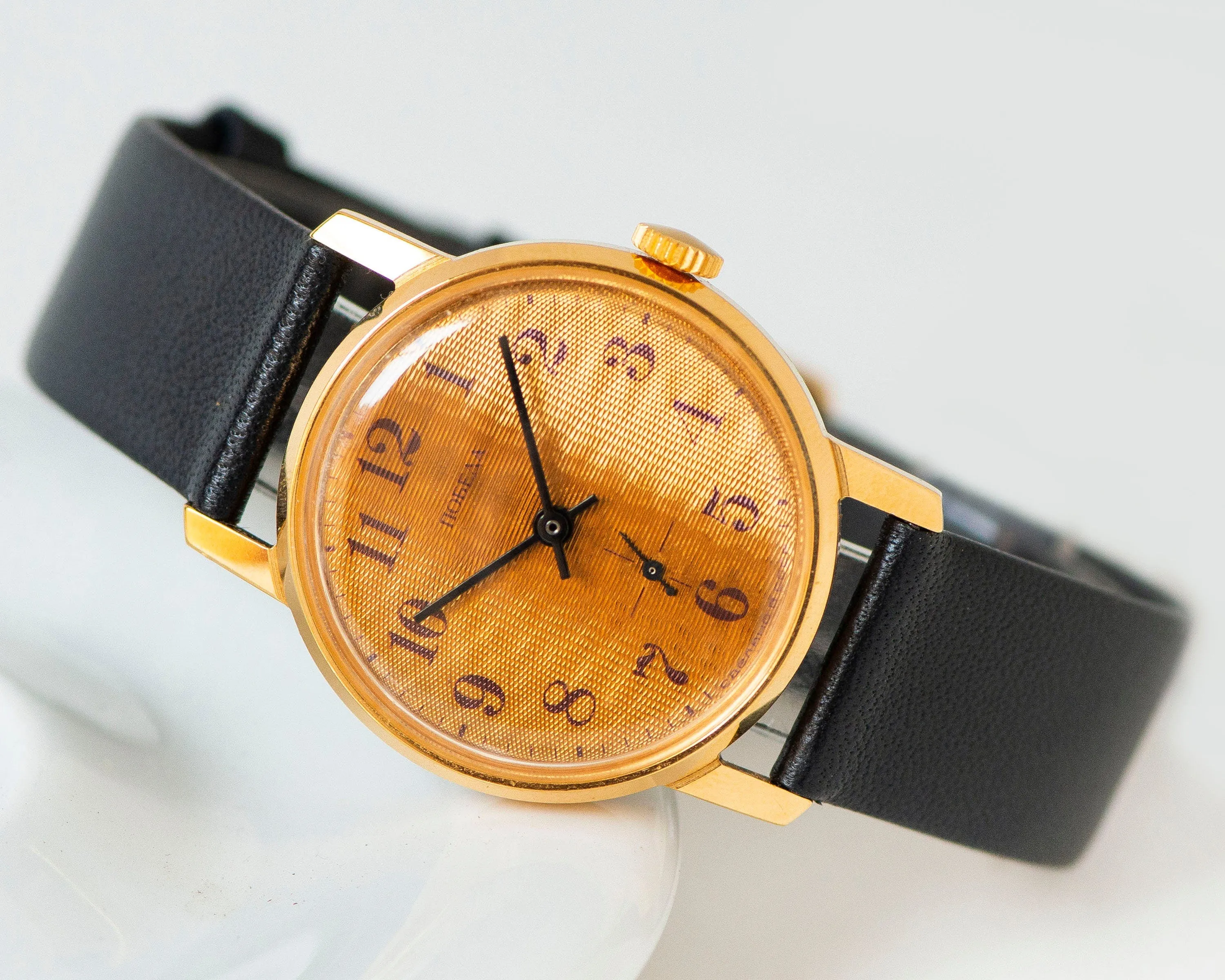 New old stock unisex watch Pobeda gold plated, yellow dial watch minimalist, vintage watch Arabic numerals gift, new premium leather strap