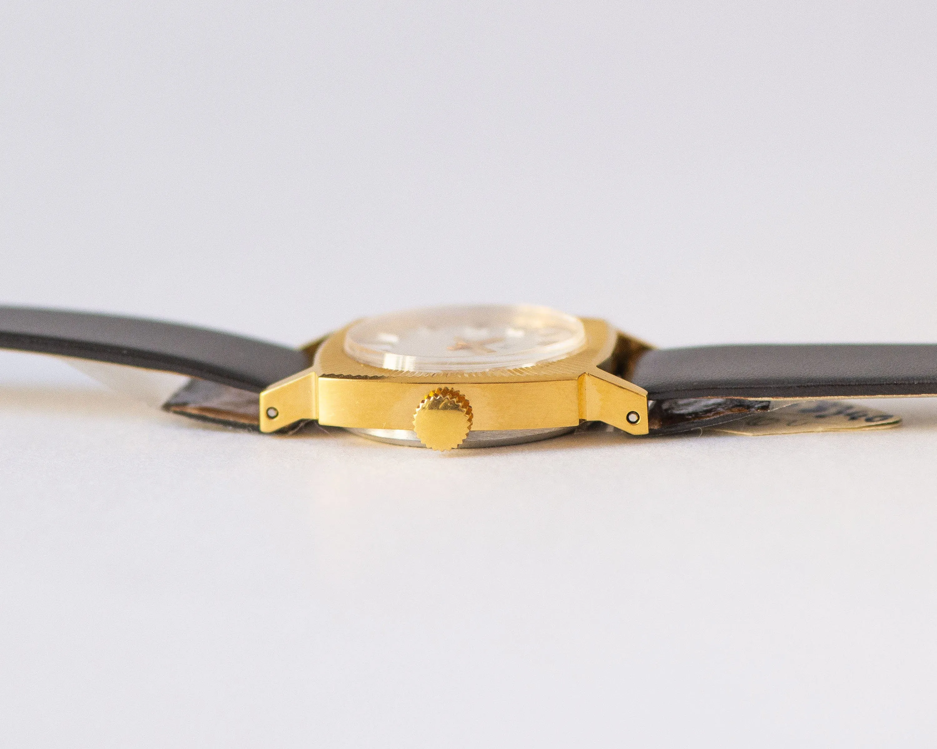 New old stock women's watch sunburst case Ray, vintage woman watch square gift, gold plated woman watch unused, new premium leather strap