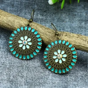 New Retro Style Round Flower Multicolor Pendant Earrings, TEAL