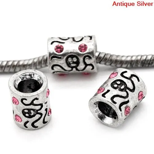 Octopus Carved on Charm W/Pink Crystals Bead Charm Spacer For Snake Chain Bracelet