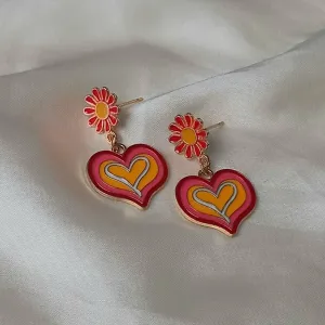 Orange & Gold Retro Heart Drop Earrings -  70's Style Earrings,Vintage Style,Orange Flower Jewellery,Gold Earrings,Orange Earrings,Flowers