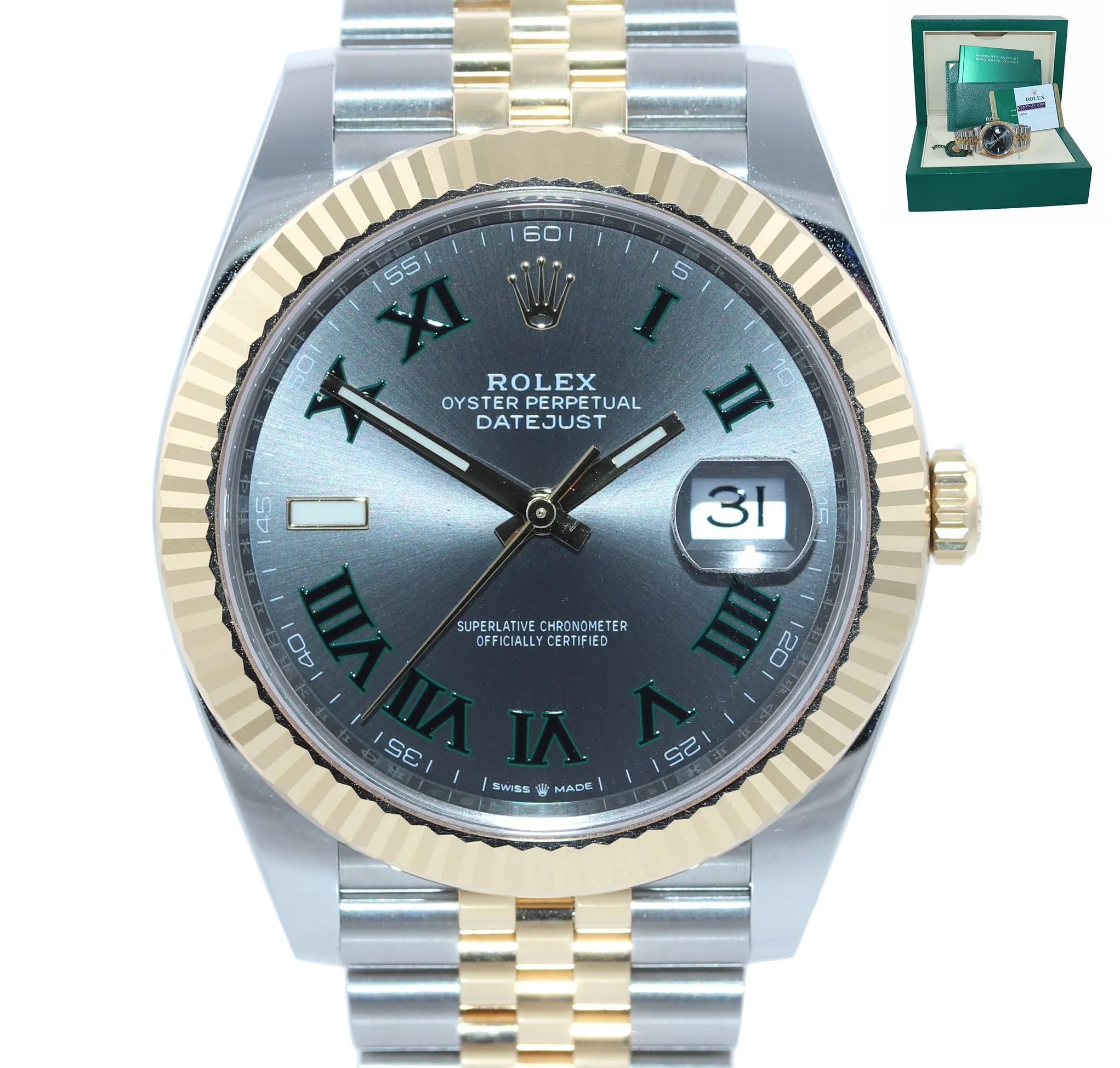 PAPERS NEW 2020 Rolex DateJust 41 126333 Two Tone Gold Wimbledon Grey Watch Box