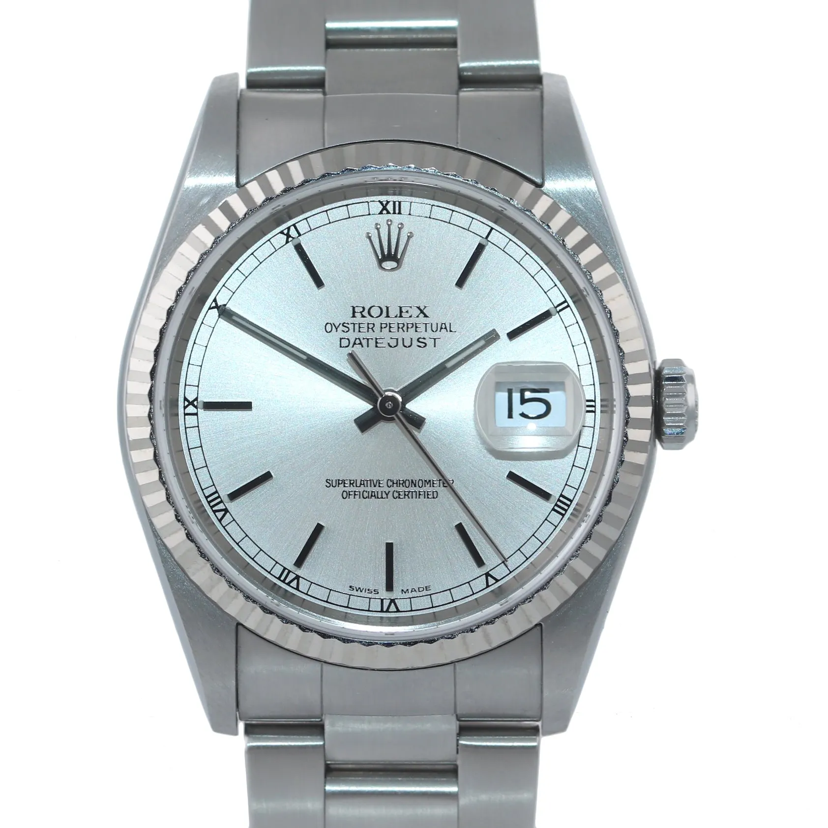 PAPERS Rolex DateJust 36mm 16234 Steel Silver Stick Oyster 18k Fluted Watch Box