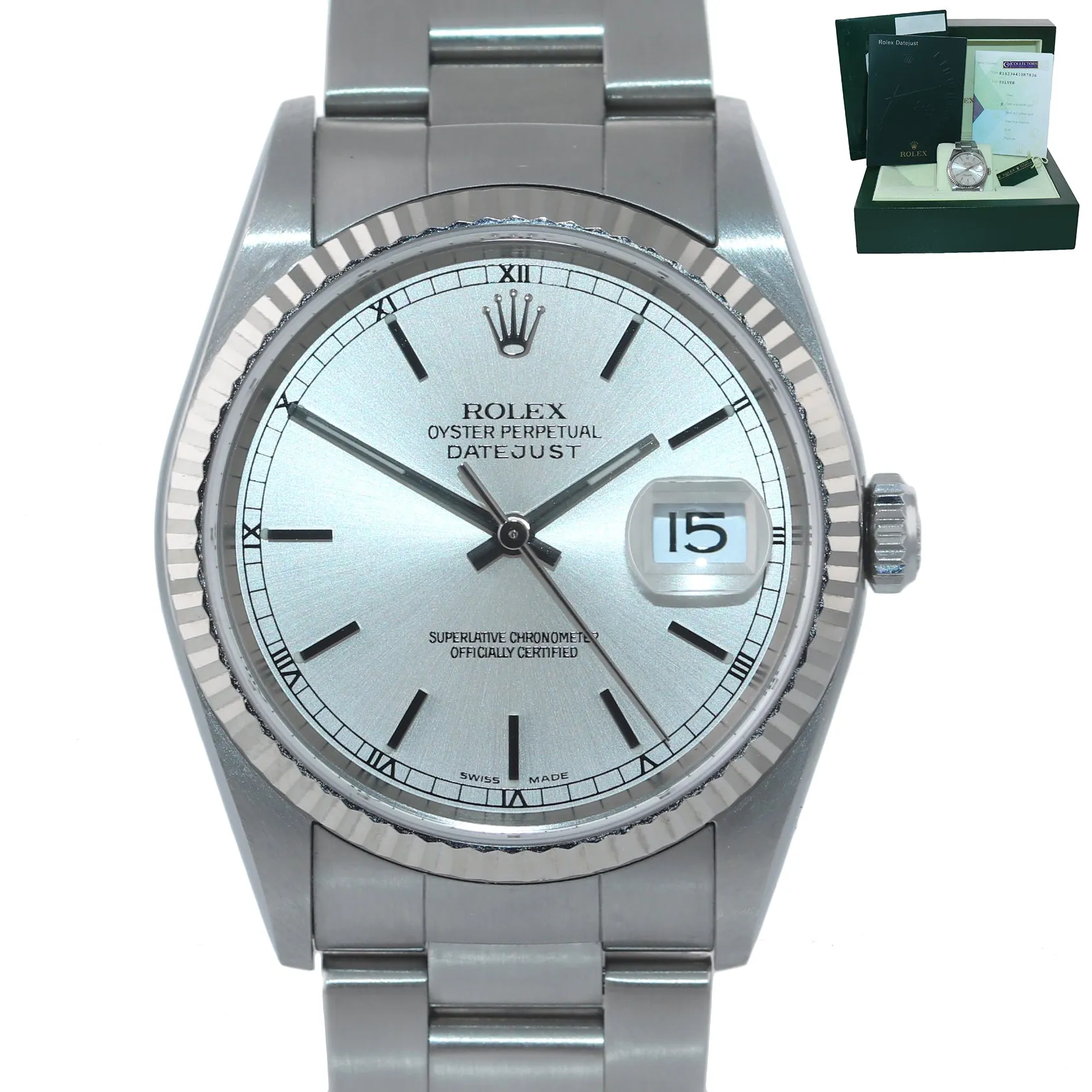 PAPERS Rolex DateJust 36mm 16234 Steel Silver Stick Oyster 18k Fluted Watch Box