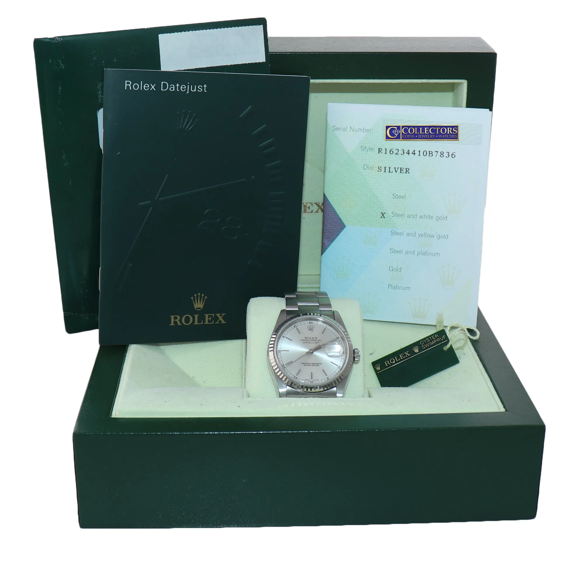 PAPERS Rolex DateJust 36mm 16234 Steel Silver Stick Oyster 18k Fluted Watch Box