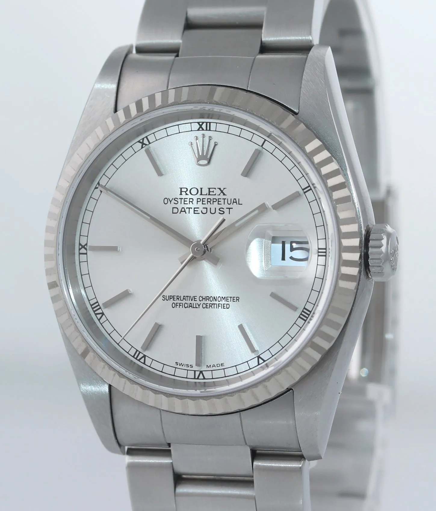 PAPERS Rolex DateJust 36mm 16234 Steel Silver Stick Oyster 18k Fluted Watch Box