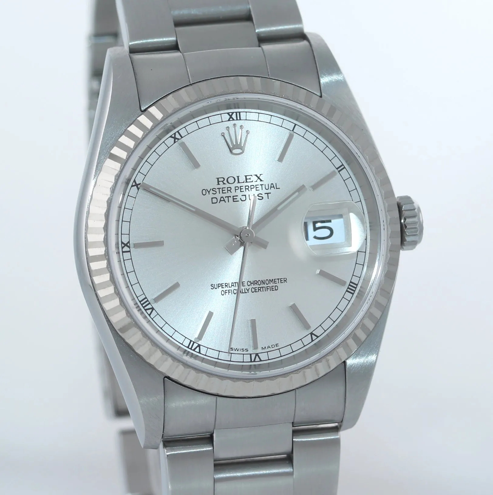 PAPERS Rolex DateJust 36mm 16234 Steel Silver Stick Oyster 18k Fluted Watch Box
