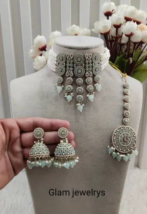 Pastel Green Antique Gold Choker Indian Jewellery Babli Set