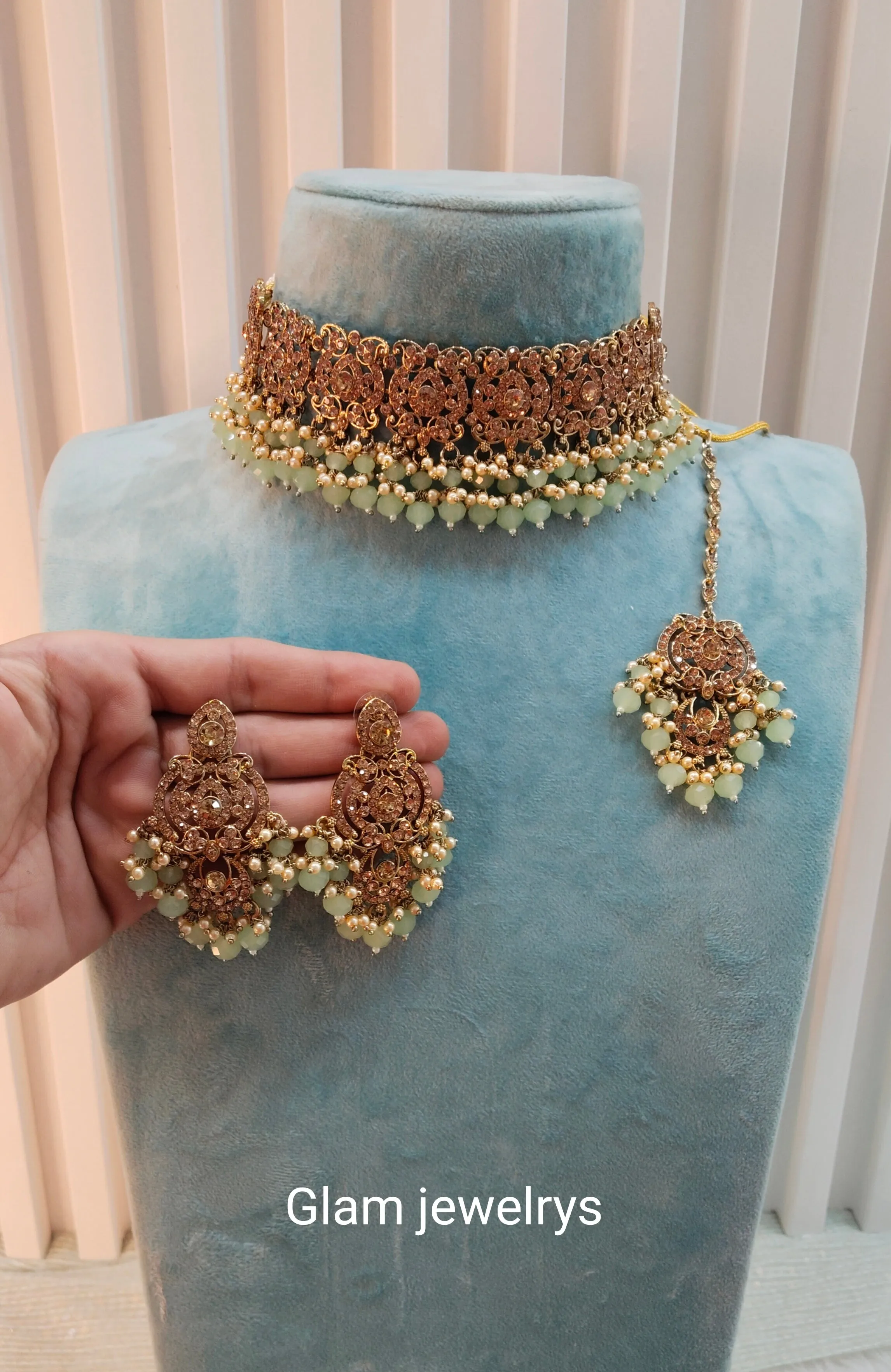 Pastel Green Antique Gold Choker Indian Jewellery David Set