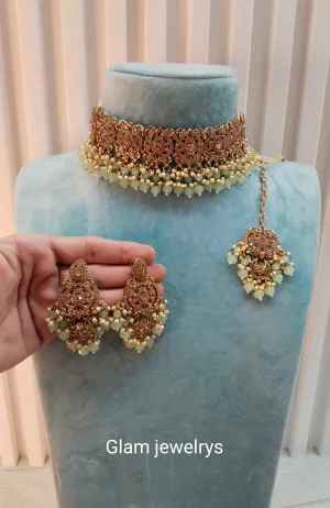 Pastel Green Antique Gold Choker Indian Jewellery David Set