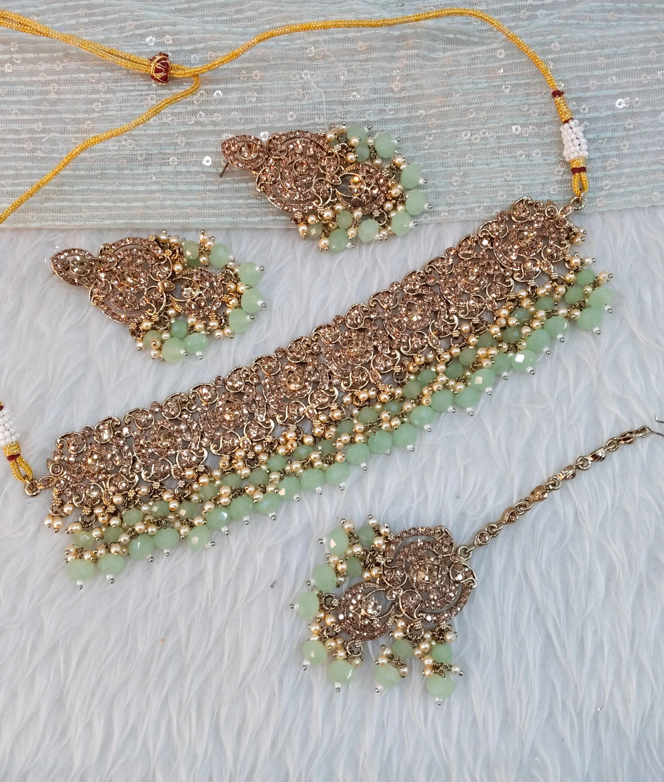 Pastel Green Antique Gold Choker Indian Jewellery David Set