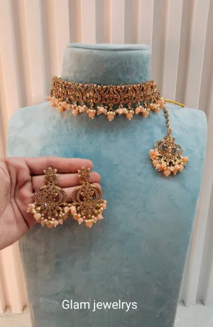 Peach Antique Gold Choker Indian Jewellery Ricky Set