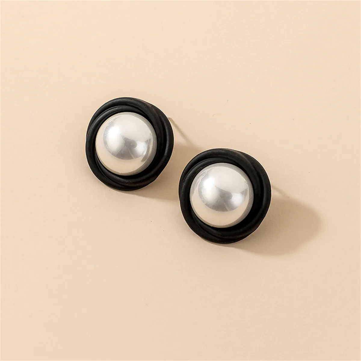 Pearl & Black Acrylic Round Stud Earrings