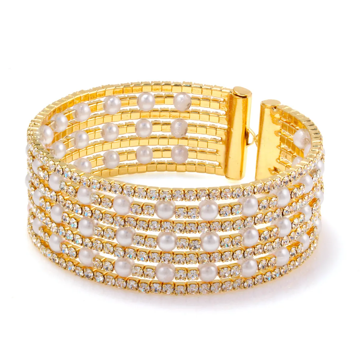 PEARL AND CRYSTAL 7 ROW GOLD STRETCH  BRACELETS #SWR-CP2591 (DG9)
