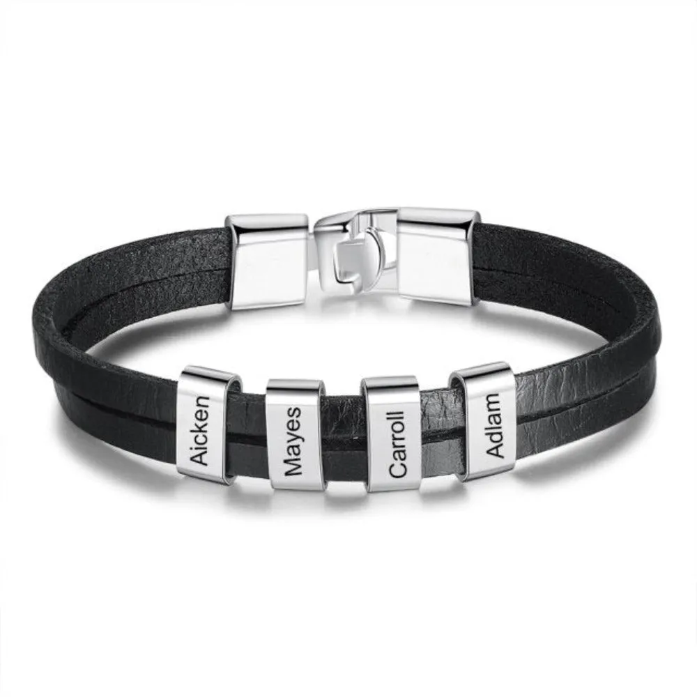 Personalized Engraving Name Bead Leather Bracelet