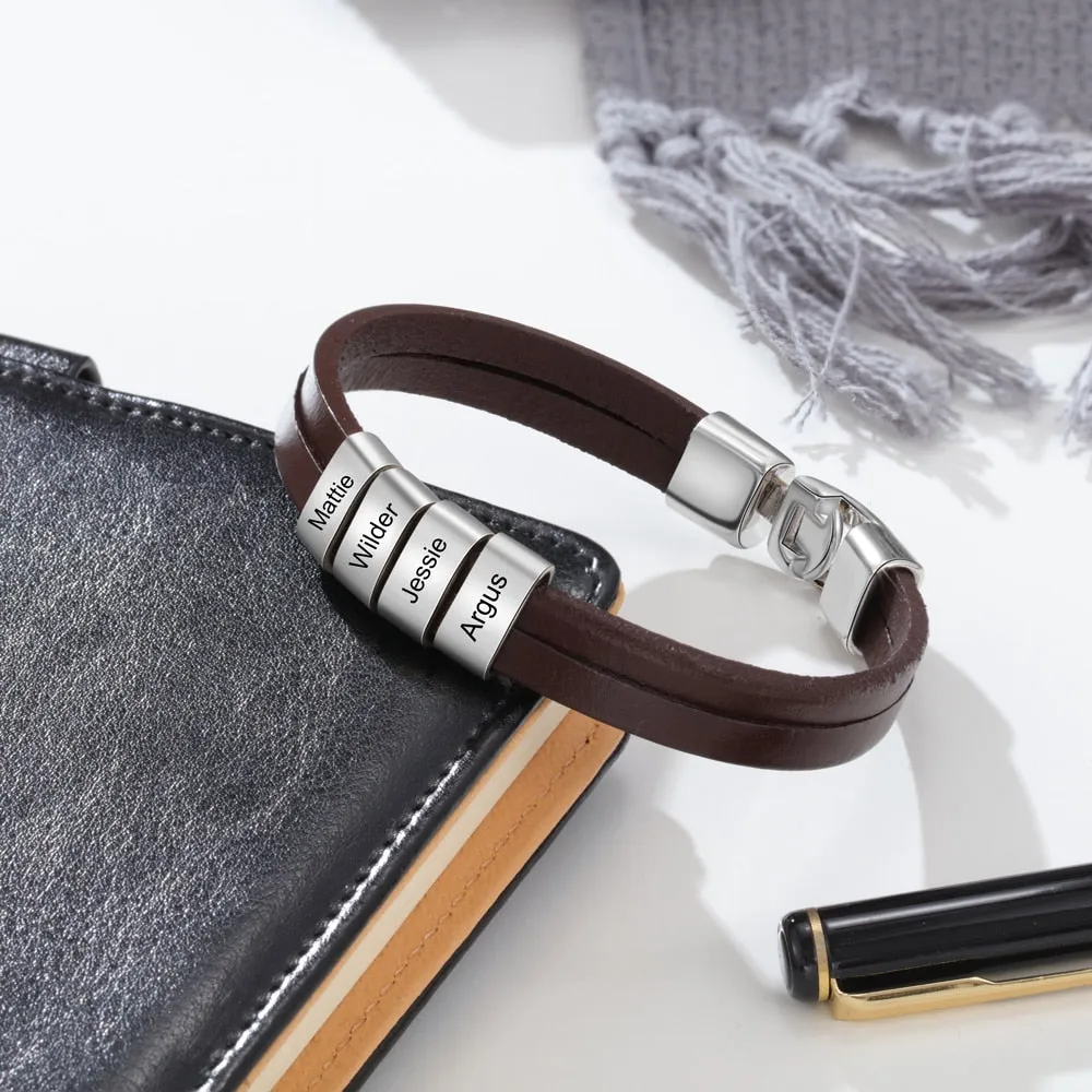 Personalized Engraving Name Bead Leather Bracelet