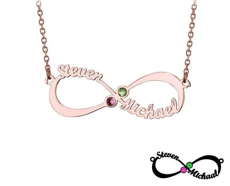 Personalized Infinity Necklace with double Names and Birthstones