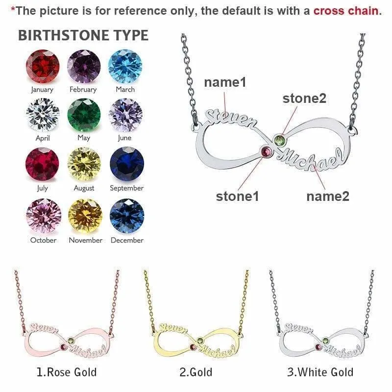 Personalized Infinity Necklace with double Names and Birthstones
