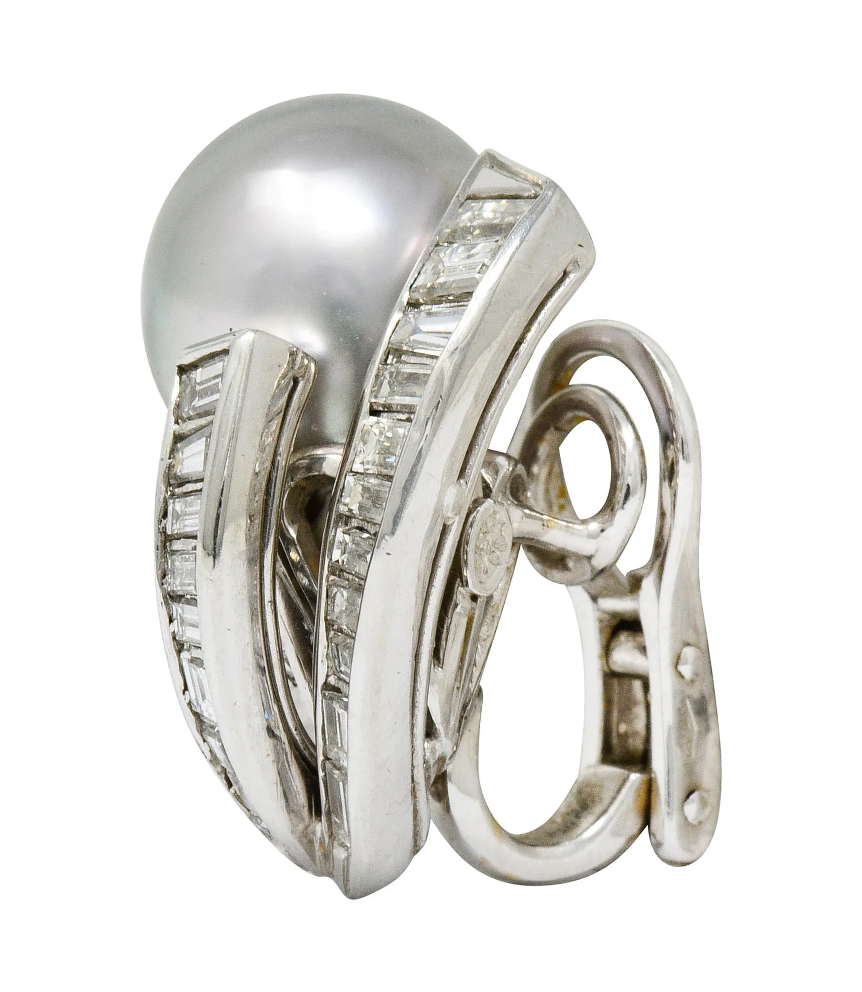 Petochi Vintage 3.25 CTW Diamond Cultured Pearl Platinum Ear-Clip Earrings