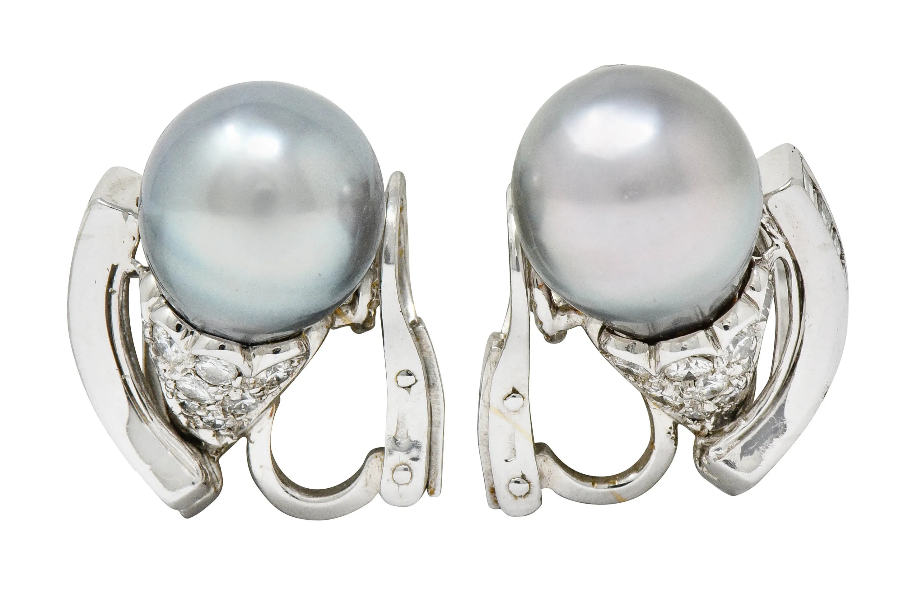 Petochi Vintage 3.25 CTW Diamond Cultured Pearl Platinum Ear-Clip Earrings