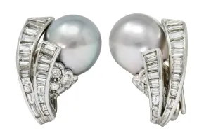 Petochi Vintage 3.25 CTW Diamond Cultured Pearl Platinum Ear-Clip Earrings