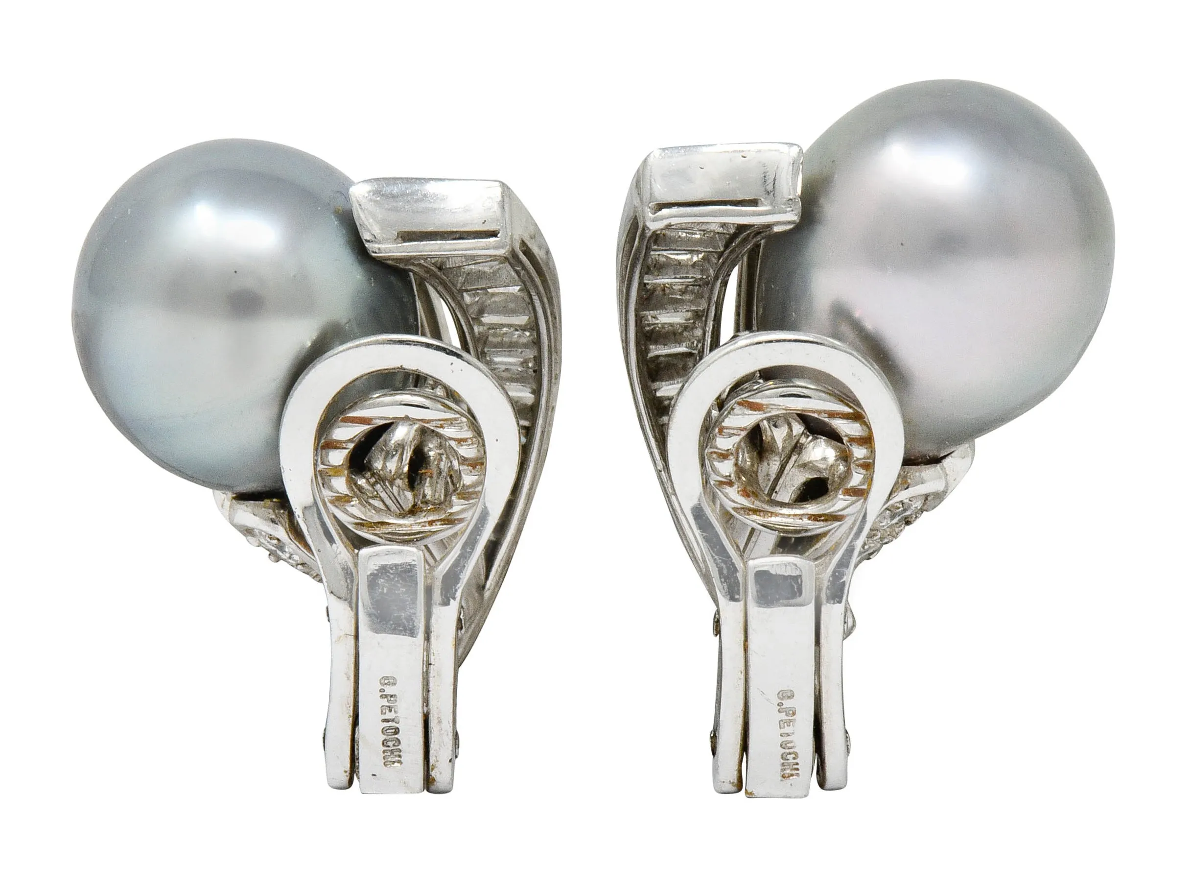 Petochi Vintage 3.25 CTW Diamond Cultured Pearl Platinum Ear-Clip Earrings