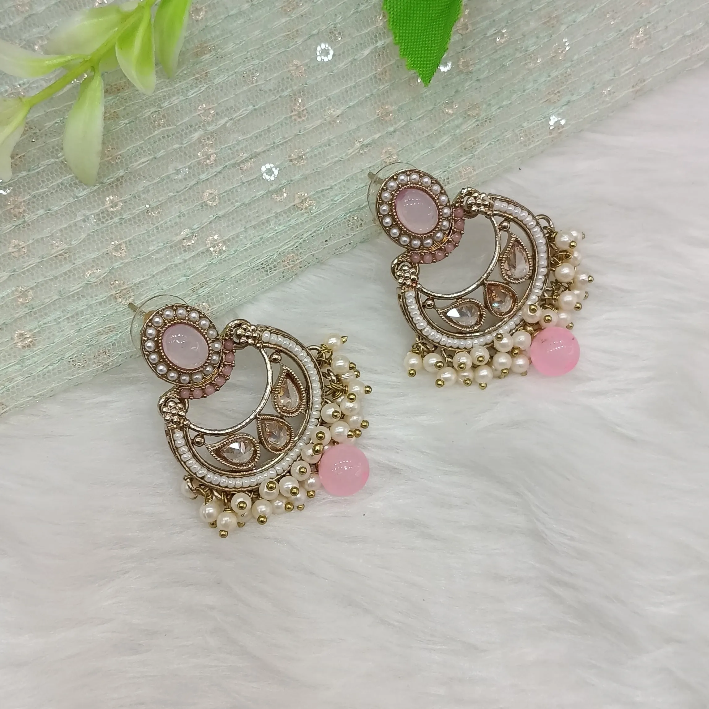 Pink Antique Gold Bollywood Raina Indian Earrings