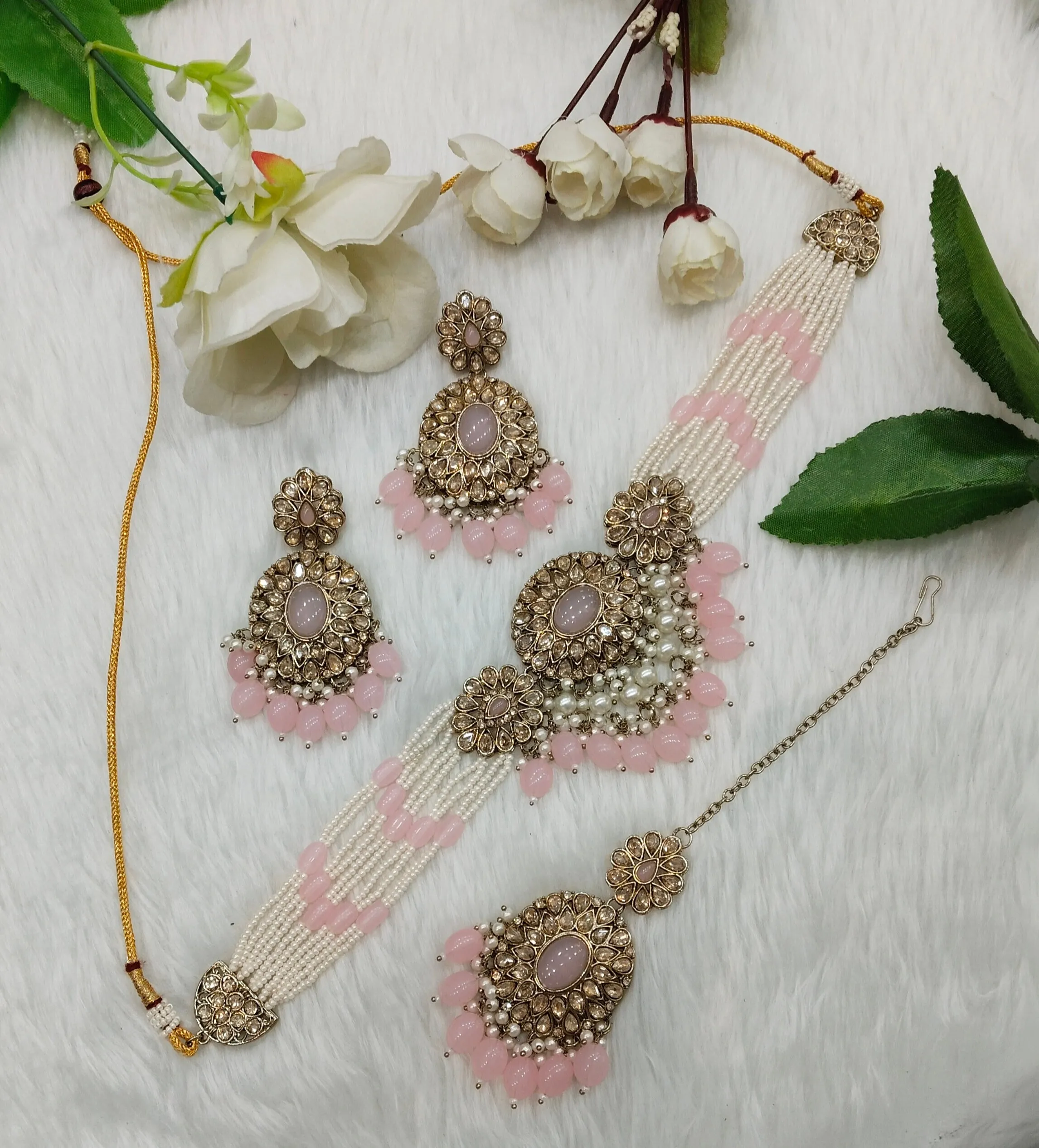 Pink Antique Gold Choker Indian Jewellery Porel Set