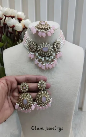 Pink Antique Gold Choker Indian Jewellery Porel Set